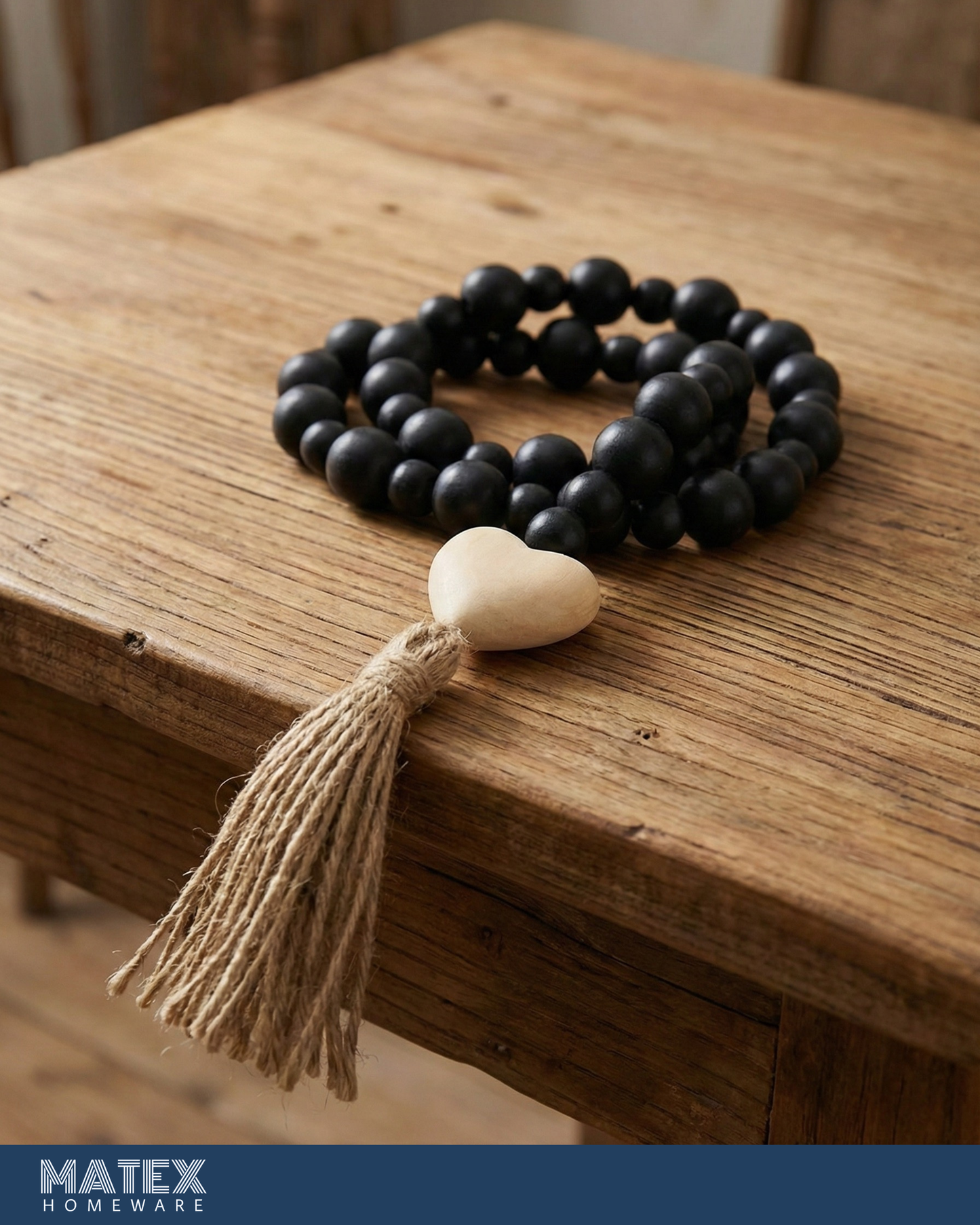 Black Heart Wood Oak Bead Decor with a Tassel