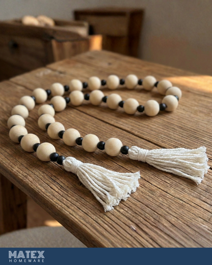 Boho Pattern Wood Oak Bead Decor with Tassels