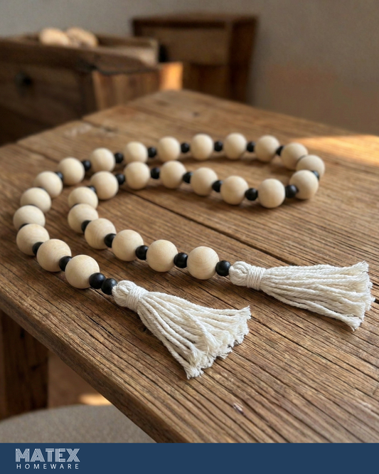 Boho Pattern Wood Oak Bead Decor with Tassels