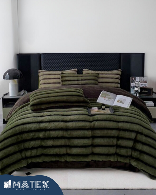 King Size Olive Chinchilla Faux Fur Sherpa Comforter set (3 pcs)