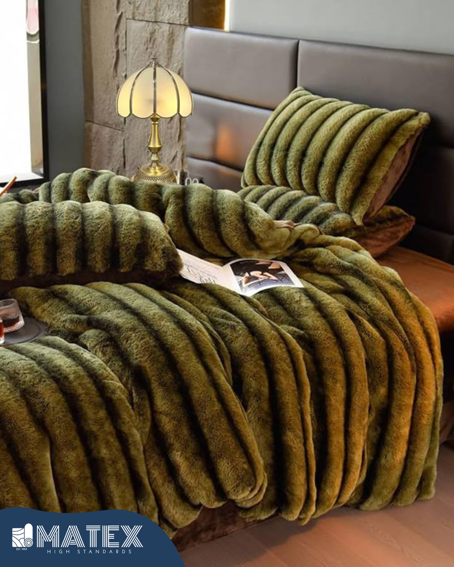 King Size Olive Chinchilla Faux Fur Sherpa Comforter set (3 pcs)