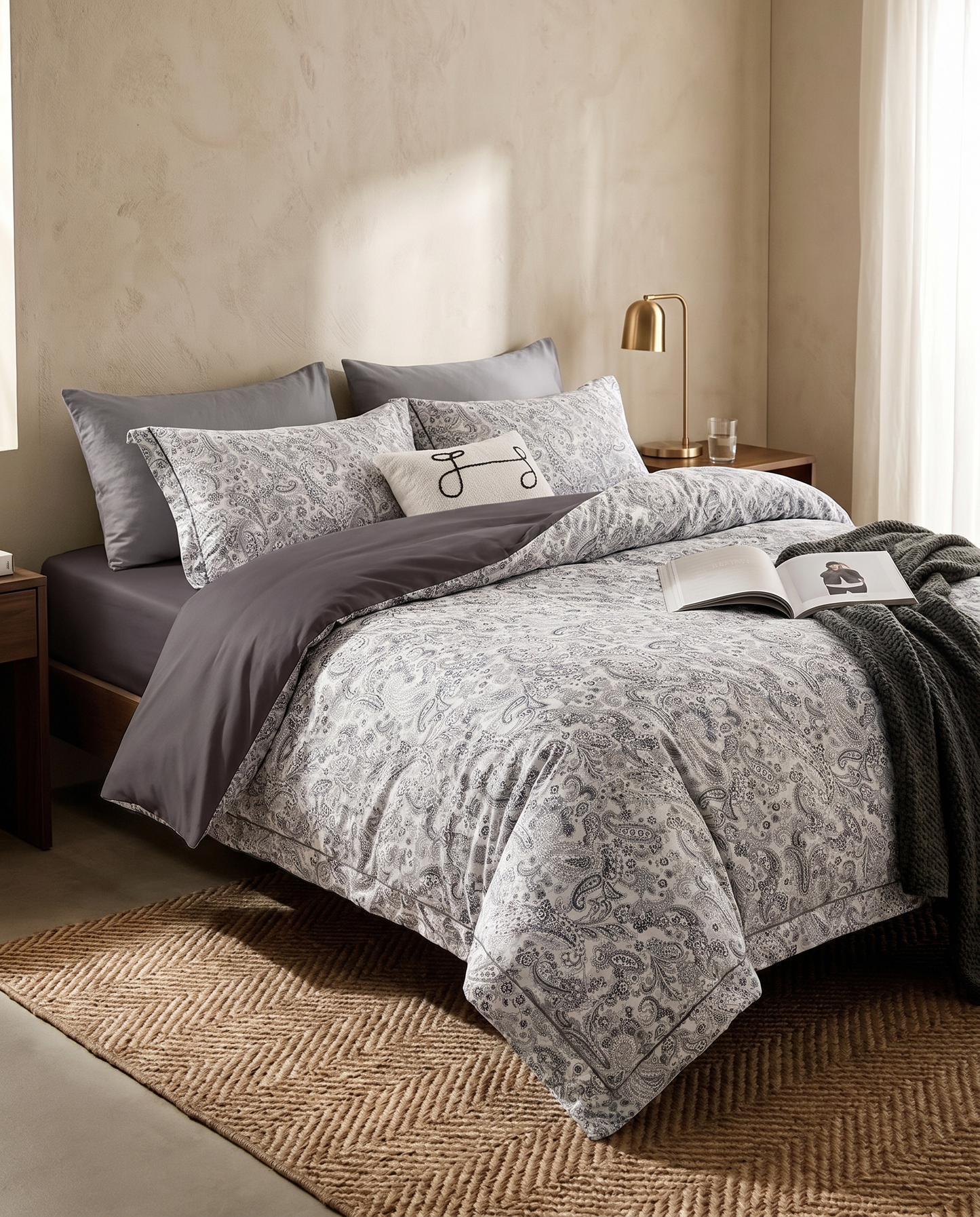 King Size Silver Paisley Bed Set Cotton-300TC