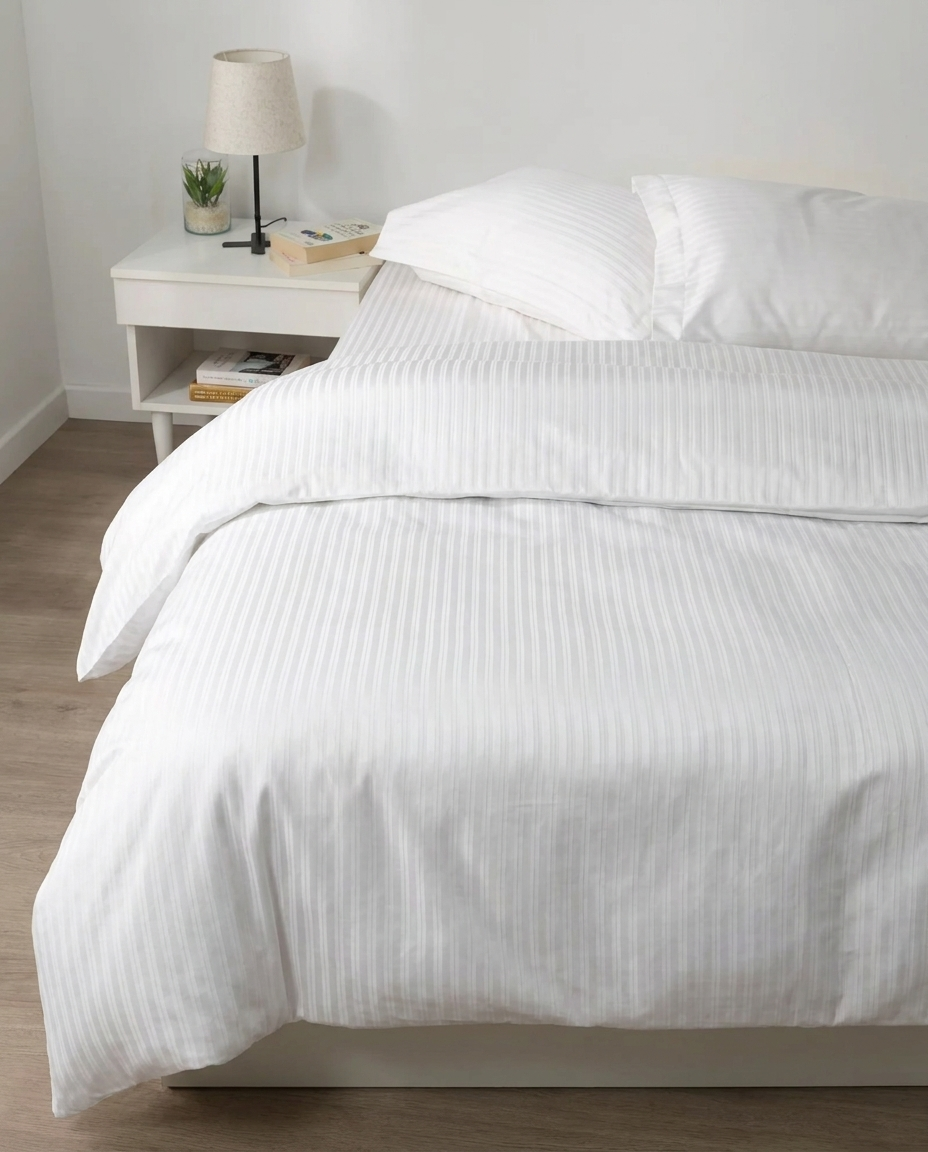 White Satin Stripe Bed Set 300TC Cotton Hotel Bedding Set