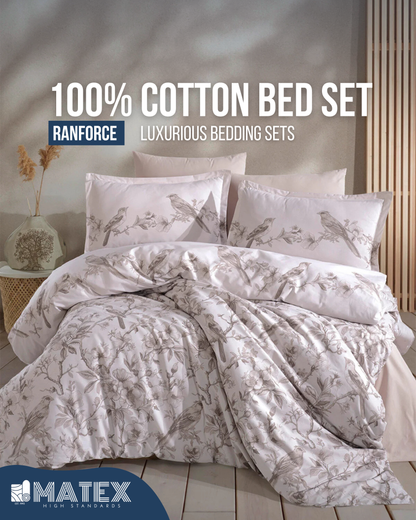 Double Size Ranforce Mevlin Bird Off-White 100% Cotton Bed Set