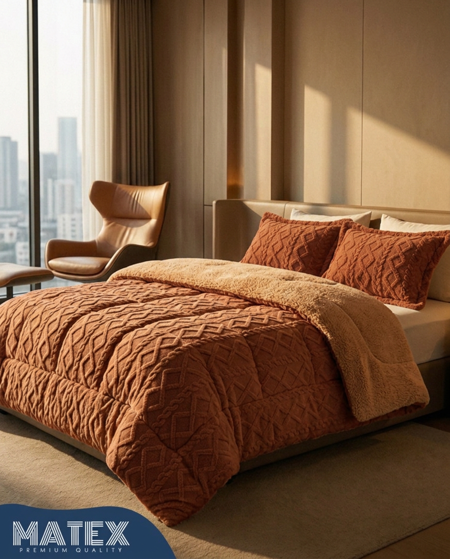 King Size Autumn Rust Thick Jacquard Sherpa Comforter (3 pcs)