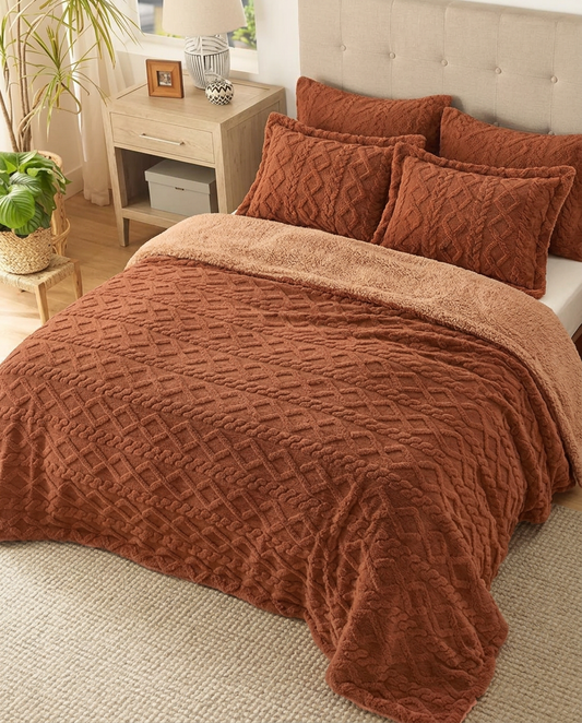 King Size Autumn Rust Thick Jacquard Sherpa Comforter (3 pcs)
