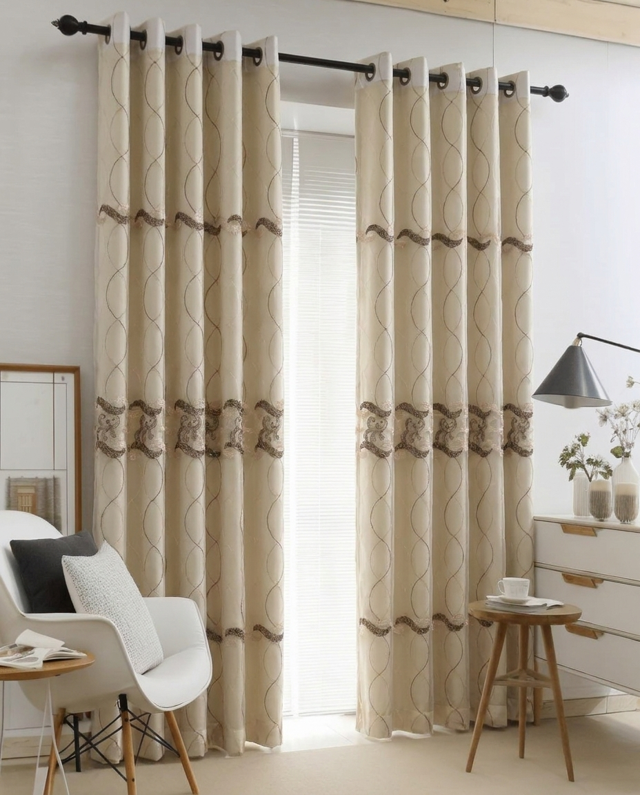 DualLayer – Arabesque Lines Beige Sheer Curtain 140x240cm