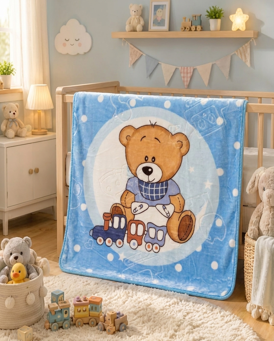 Baby Mohair Blanket – Blue Teddy Train