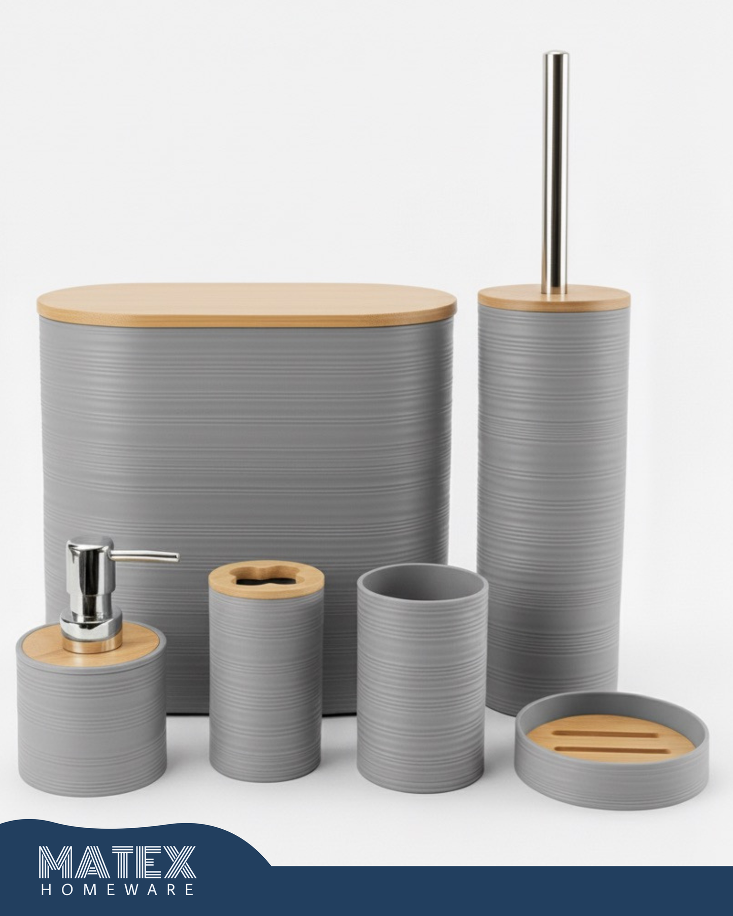 Bamboo Bathroom Accessories Set 6pcs - Light Grey