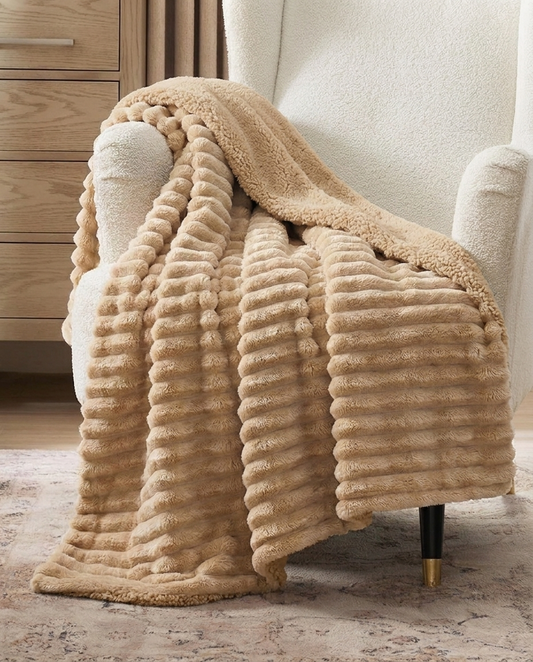 Beige Fur Striped Cozy Blanket