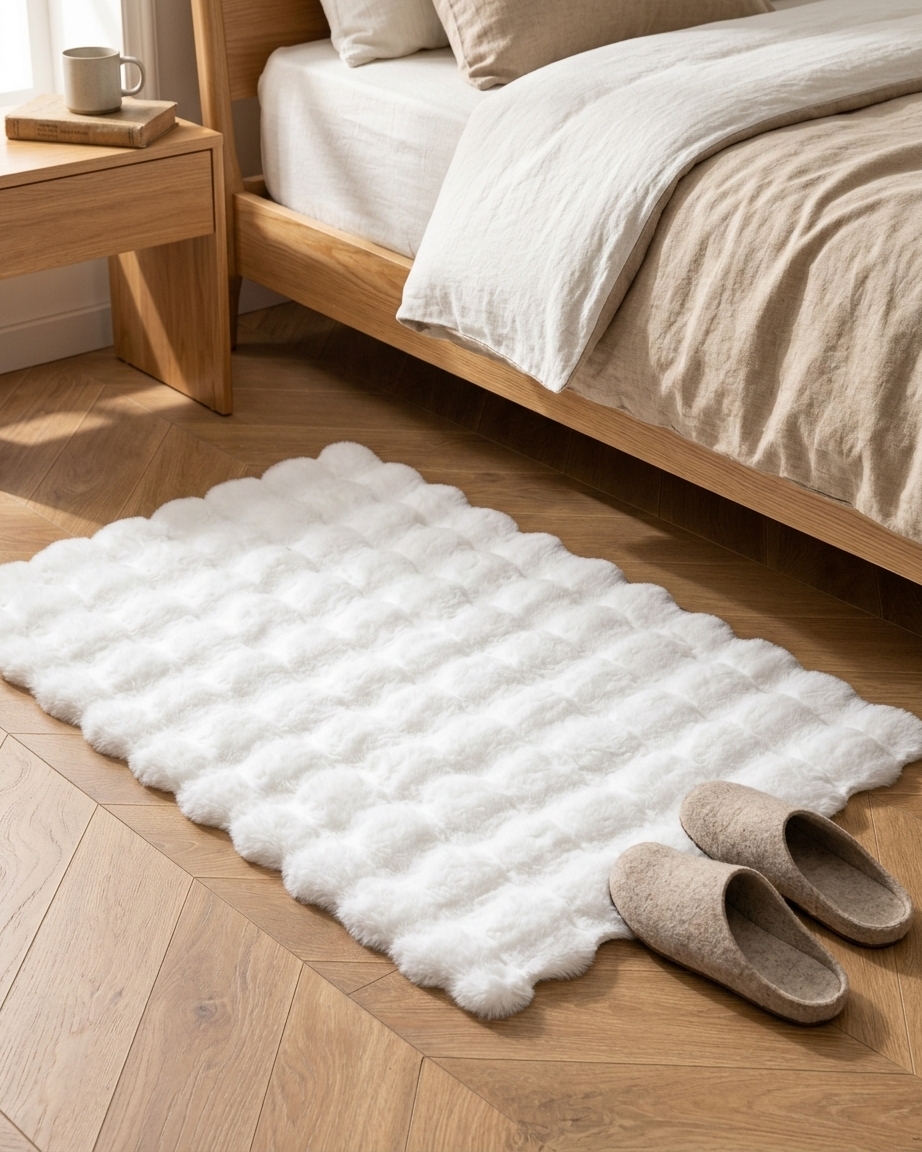 Creamy White Fluffy Soft Rabbit Fur Premium Bubble Rug