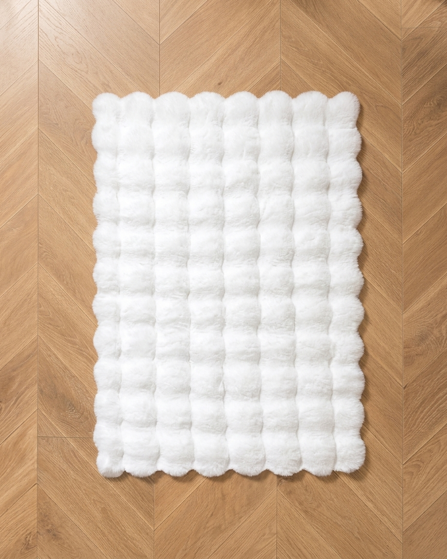 Creamy White Fluffy Soft Rabbit Fur Premium Bubble Rug