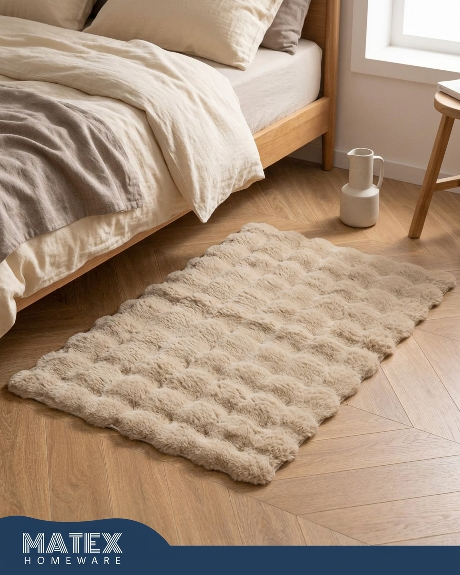 Beige Fluffy Soft Rabbit Fur Premium 3D Bubble Rug