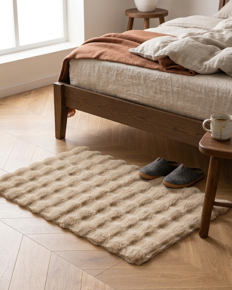 Beige Fluffy Soft Rabbit Fur Premium 3D Bubble Rug
