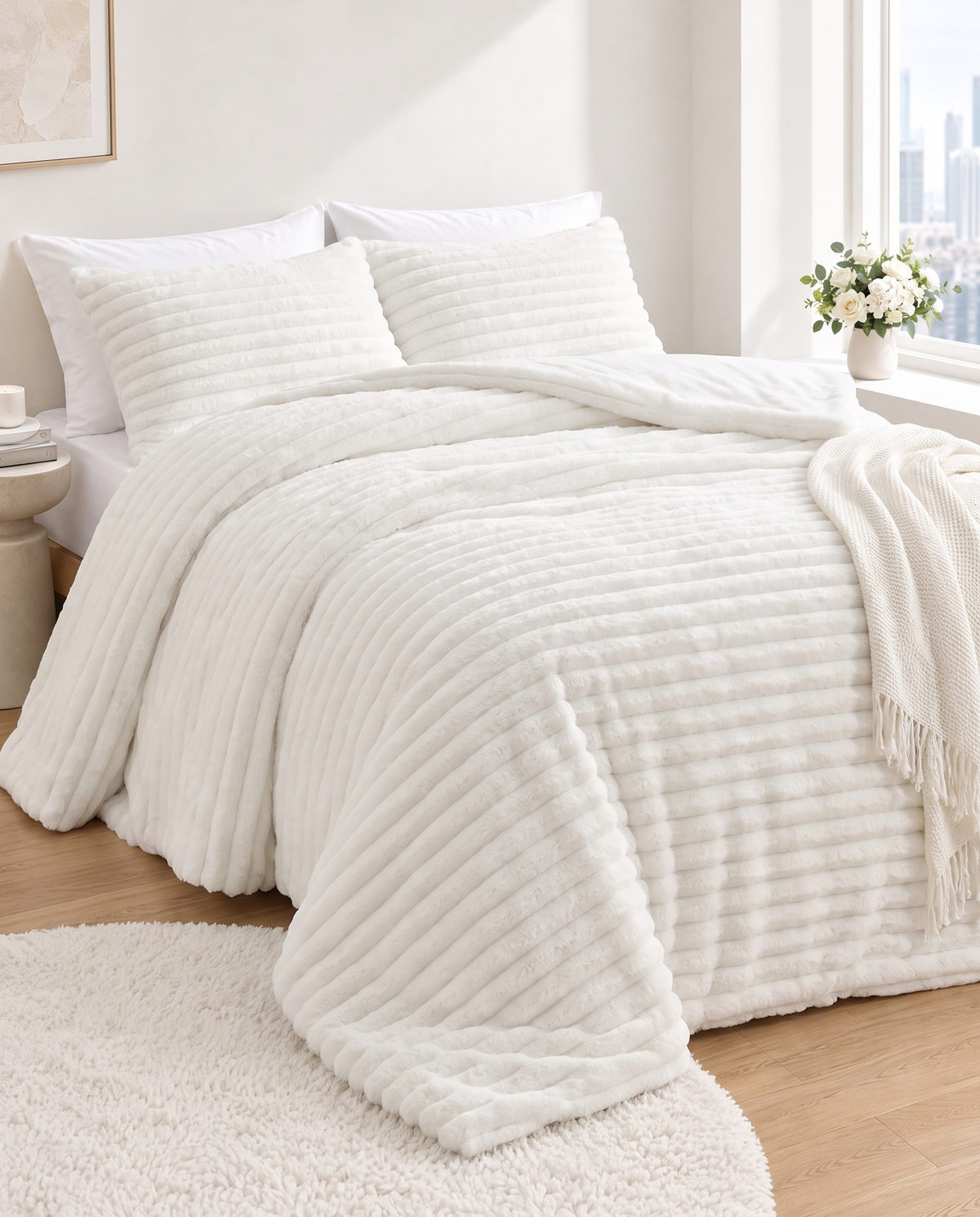 King Size PureWhite PlushWave Comforter Set (3 pcs)
