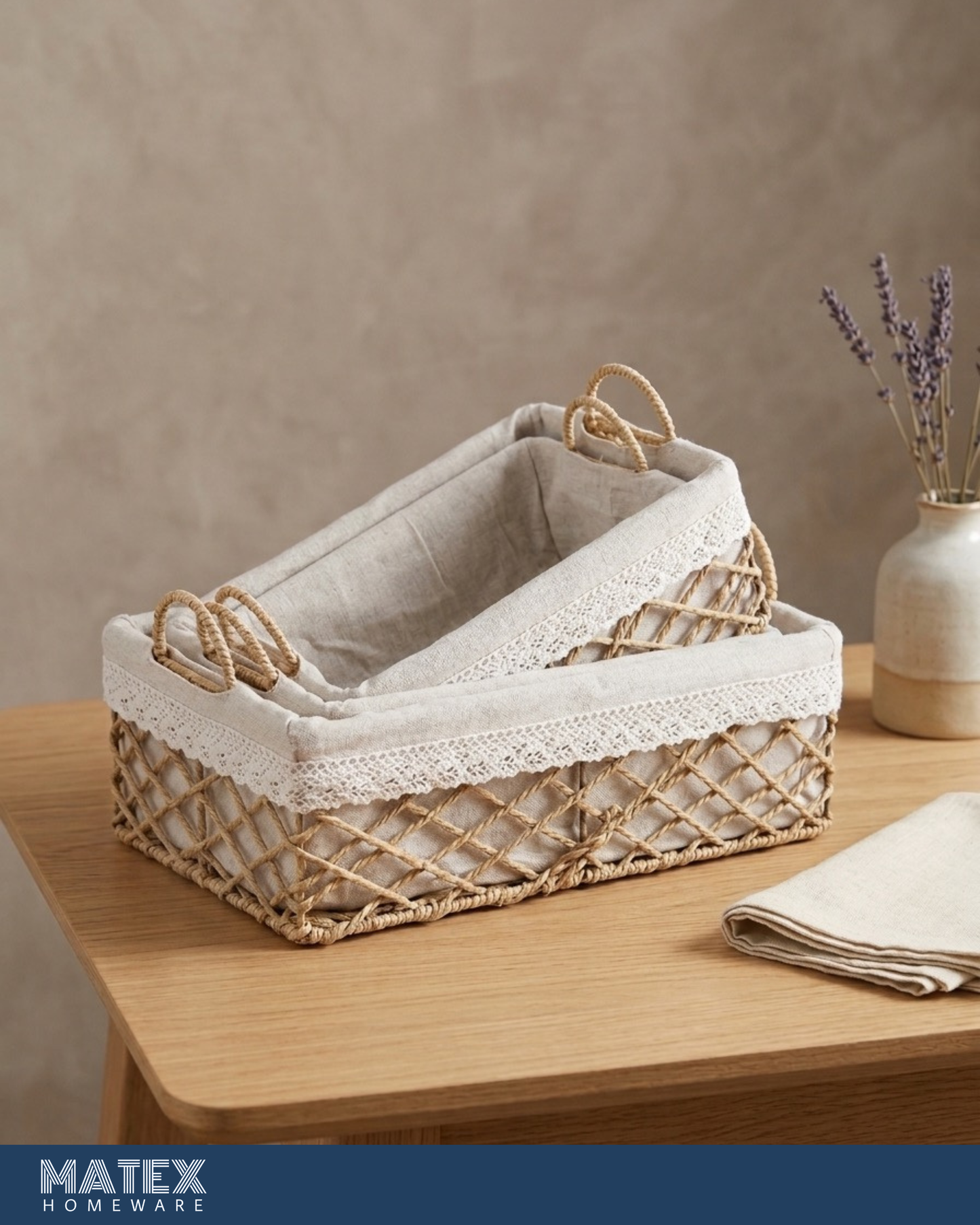 Lydia Woven Rectangle Basket with Lace Trim & Linen Liner