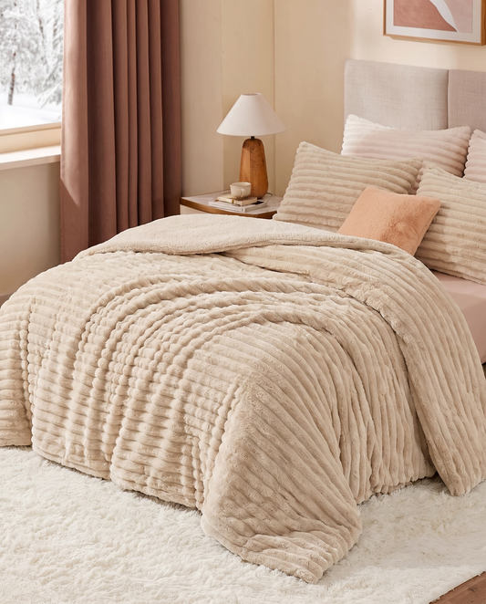 King Size Beige PlushWave Comforter Set (3 pcs)