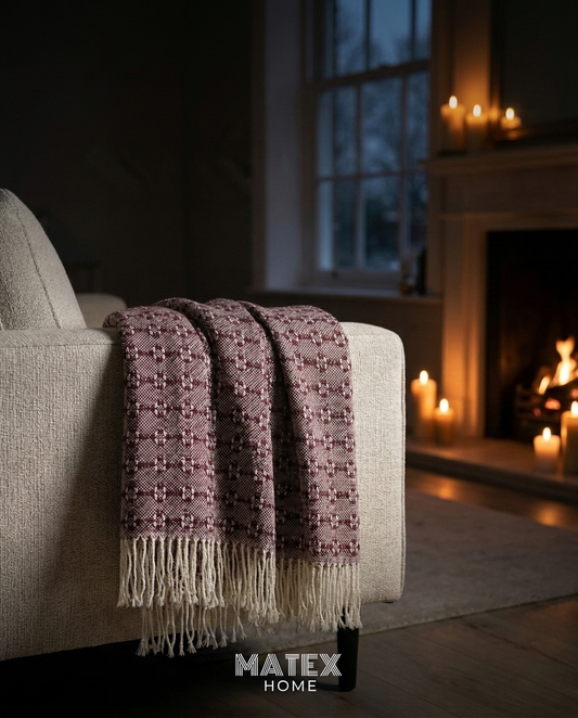 Merlot Trellis Throw draped on a sofa