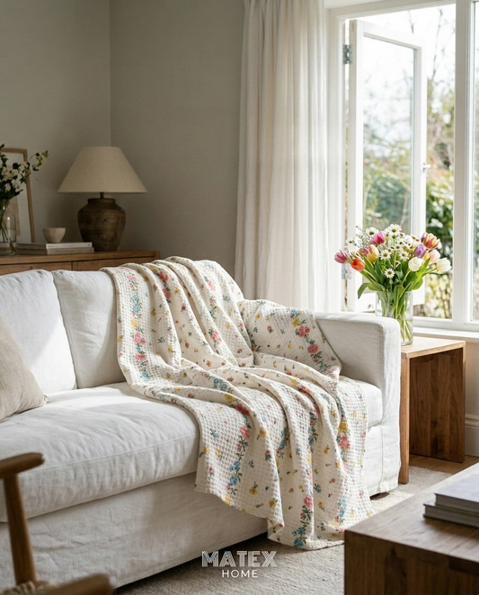Cottage Garden Pique Blanket draped on a sofa