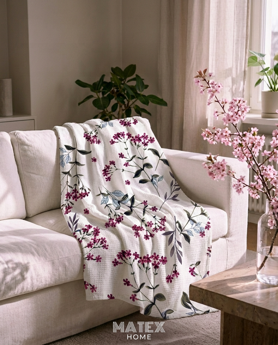 Cherry Bloom Pique Blanket draped on a sofa