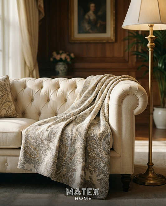 Imperial Paisley Beige Blanket draped on a sofa