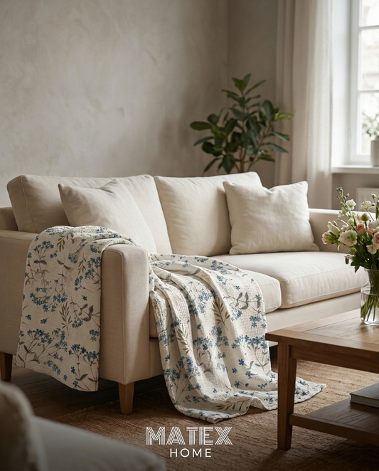 Floral Haven Pique Blanket draped on a sofa