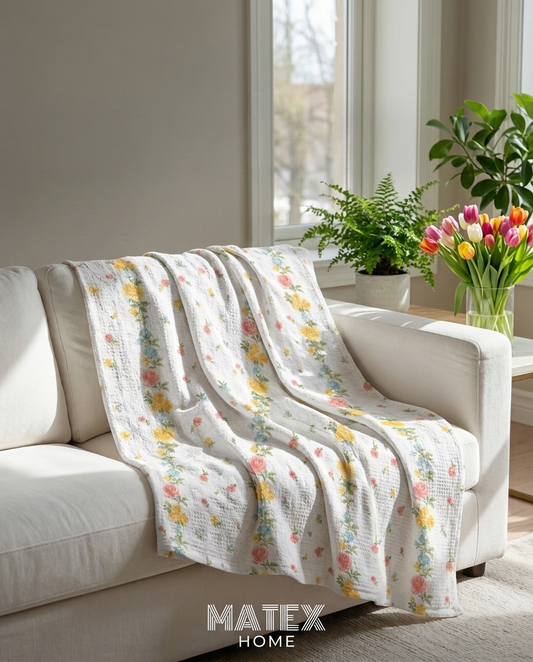 Spring Trellis Pique Blanket draped on a sofa