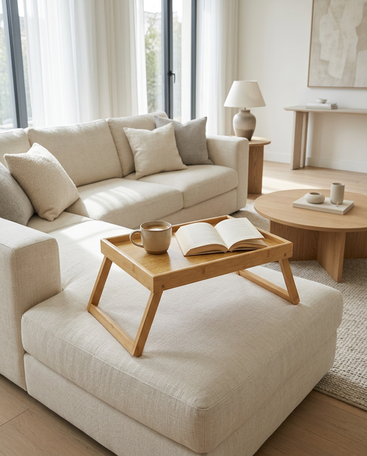 Wooden Bed Tray Table with Foldable Legs in a living room