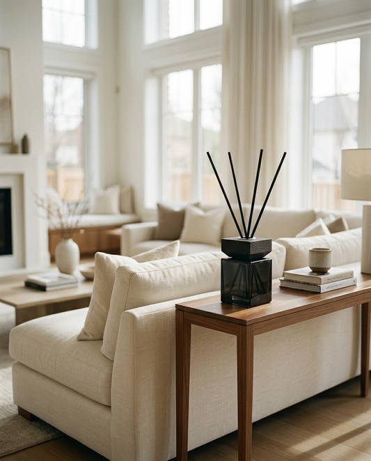 Sandalwood & Ebony Reed Diffuser in a living room