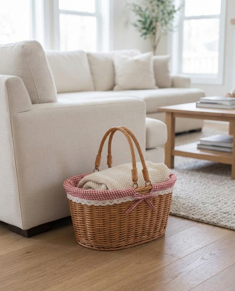 Cottage Picnic Wicker Basket in a living room
