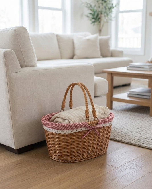 Cottage Picnic Wicker Basket in a living room