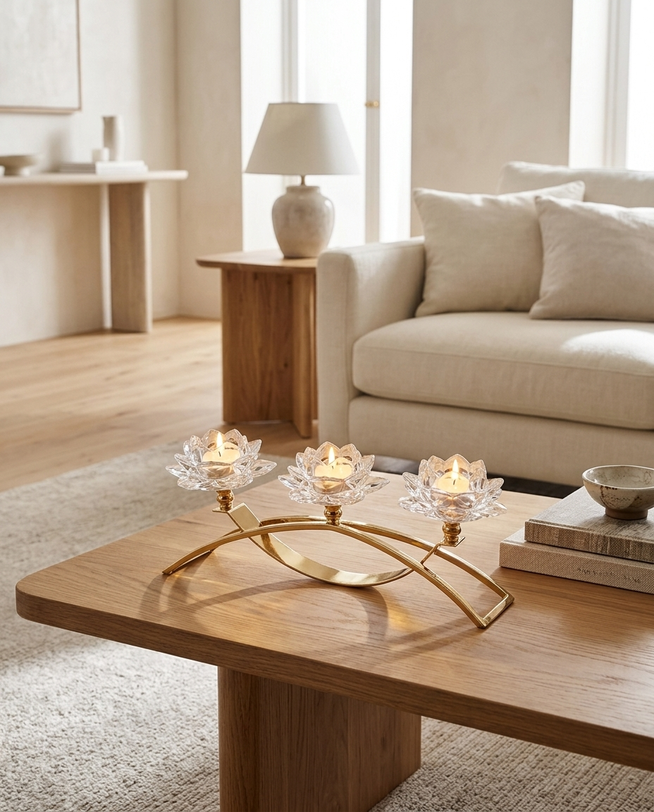 Golden Lotus Trio Candle Holder in a living room