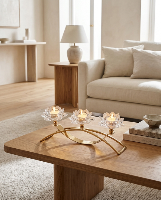 Golden Lotus Trio Candle Holder in a living room