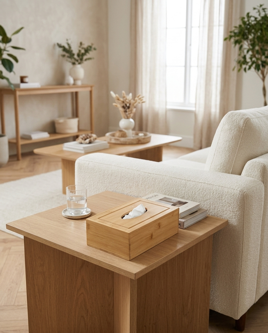 Bamboo Tissue Box Cover in a living room