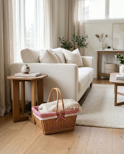 Cottage Picnic Wicker Basket in a living room