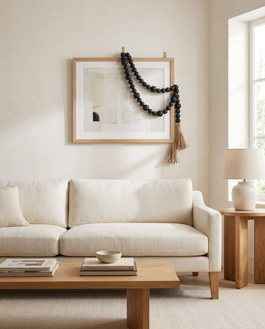 Black Wood Oak Bead Decor with Tassels in a living room