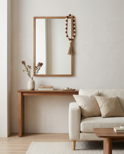Honey Heart Wood Oak Bead Decor with a Tassel in a living room