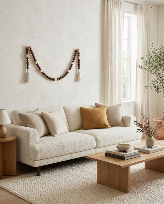 Honey Boho Wood Oak Bead Decor with Tassels in a living room